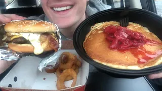 ASMR | Denny’s Mukbang (pancakes, breakfast burger, onion rings)