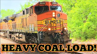 [4K] A BNSF H2 GE LEADS A HEAVY COAL LOAD UPHILL WITH A TRIO OF DPUS!