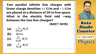 Two parallel infinite line charges with linear charge densities are placed at a distance of 2 R in