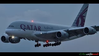 Qatar Airways Airbus A380-861 sunset landing at London Heathrow 09L