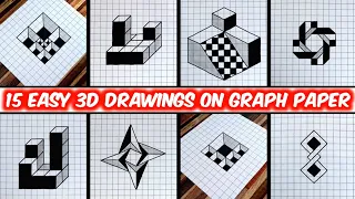 15 Easy Drawing Tricks on Graph Paper | Dibujos 3D / 3D Drawing / optical illusion on Graph Paper