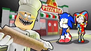 SONIC AND POMNI VS ESCAPE PAPA PIZZA'S PIZZERIA IN ROBLOX IN ROBLOX