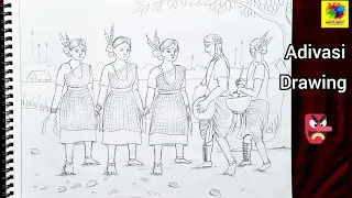 Adivasi Dance Drawing👺||আদিবাসীদের নাচ আঁকা🎨||Tribal people drawing🖌||figure scenery drawing🖼