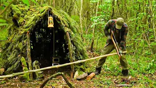 Building a Survival Shelter in a Forest - Camp food from natural herbs