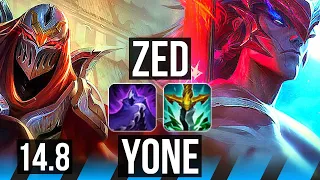 ZED vs YONE (MID) | 6 solo kills, 1300+ games, Dominating | KR Master | 14.8