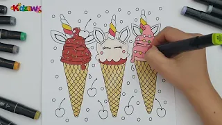 How To Draw A Unicorn Ice Cream Cone (icorn), Coloring an Ice Cream Cone Coloring Page | Art Marker