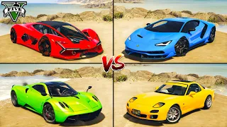 Lamborghini Tenzo vs Mazda RX7 vs Lamborghini Centenario vs Pagani Huayra - GTA 5 Which car is best?