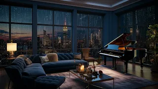 City Serenity | Night Rain and Piano Sounds in Cozy Room Ambiance | Relaxing City Rain at Night ASMR