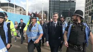 MP Jacob Rees-Mogg HECKLED by protesters as he arrives at Tory Party Conference in Birmingham