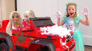 Nasty playing Car Wash with Cleaning Toys