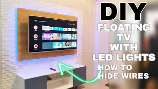 DIY How to make Floating TV Backwall and Cabinet with LED lights - Hide your wires!