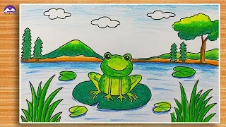 How to draw frog on lily pad scenery