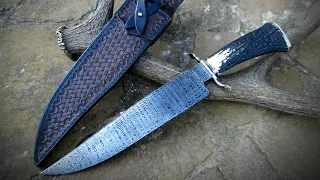 Faca Bowie em aço damasco padrão W ( Bowie knife, damascus steel W pattern)