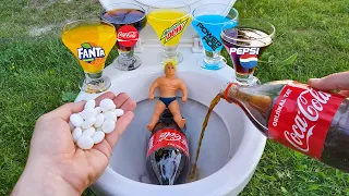 Experiment! Stretch Armstrong vs Toilet - Coca Cola, Fanta, Pepsi, Powerade, Mountain Dew and Mentos