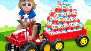 Baby Monkey Chu Chu go shopping toy rainbow Eggs and eats candy with Puppies