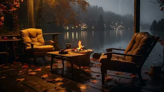 Lakeside Ambience On Rainy Day | The sound of fireplace, rain and water lake to Sleep, Study, Work