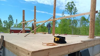 Log cabin subfloor. Building a cabin in the woods.