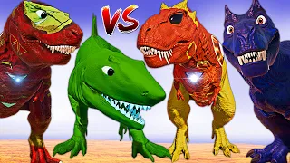 Iron-Man Alien Shark T-REX Vs Malusaurus & Spinosaurus V-REX Jurassic World Evolution Dinosaur Fight