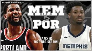 Memphis Grizzlies vs Portland Trail Blazers Full Game Highlights | Mar 2 | 2024 NBA Season