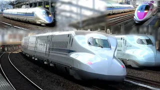 N700 series passing sharp curves at high speed & 500 series arriving and departing slowly, etc.