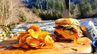 MASSIVE WAGYU SMASH BURGER by a Raging River with DIY Kettle Chips. ASMR Cooking