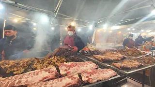 European Street Food Event. Bavarian Pork Knuckles, Ribs, Sausages, Brazilian Mixed Meat and More