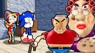 SONIC AND POMNI VS ESCAPE EVIL GRANDMA AND GRANDPA IN ROBLOX