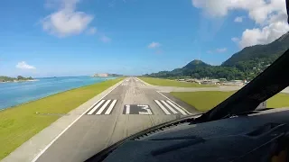 Seychelles Visual approach/Landing & Departure: cockpit view!