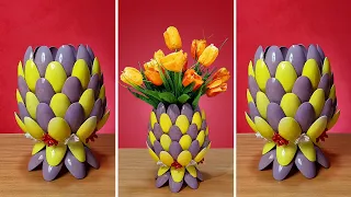 Pineapple Design Flower Vase make of Plastic Spoons | Recycled Plastic Bottle Craft Ideas | DIY