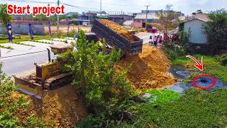 Full Action 1H Connecting Land By Dump Trucks 5T & Power Strong Bulldozer Spreading Stone Into Water