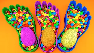 Color Satisfying Video | Mixing Rainbow Candy & 3 Surprise Eggs in BathTub Foot with Skittles ASMR