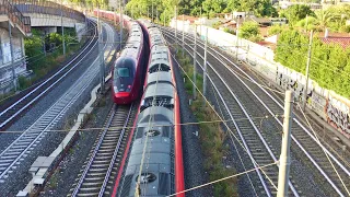 Incrocio tra treno Italo AGV 575 e Frecciarossa in arrivo alla stazione di Roma Tiburtina