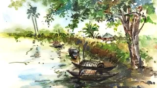 How to draw Village scenery with boat Water color