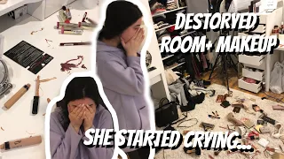 DESTROYING MY SISTERS MAKEUP AND ROOM PRANK... She started crying *extreme*