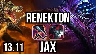 RENEKTON vs JAX (TOP) | 8 solo kills, 1.3M mastery, 300+ games | KR Master | 13.11