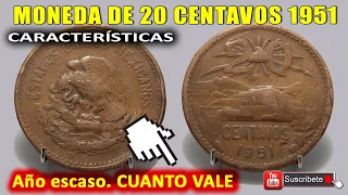 Moneda de 20 centavos de 1951 México