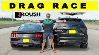 2021 Mustang Roush Stage 3 10 Speed vs Grand Cherokee Trackhawk, drag and roll race. Gap time...