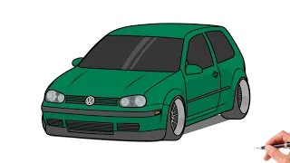 How to draw a VOLKSWAGEN GOLF 4 1999 / drawing vw golf mk4 r32 gti 1998 stance car