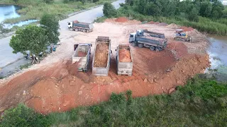 Episode5| Perfectly Skillfully Komatsu Dozer Operated With Dump Truck To Filling Soil To The Water