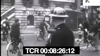 WWII London, Blitz, People Going to Work as Usual, Buses, Bicycles, Wartime, 1940s