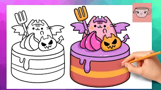 How To Draw Pusheen Cat - Devil's Food Cake | Halloween | Cute Easy Step By Step Drawing Tutorial