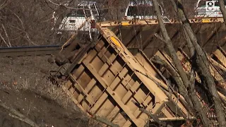 Norfolk Southern train derails, car falls off bridge onto road below in Marysville, Perry County