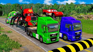 TRANSPORTING PIXAR CARS & FRUITS WITH COLORED & JOHN DEERE vs CLAAS vs TRACTORS - BeamNG.drive #962