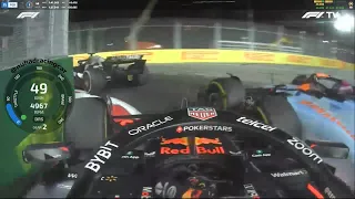 Sergio Perez Crashing Into Alex Albon At The 2023 Singapore GP