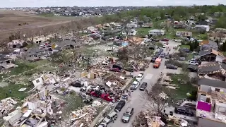 Aerial view of extensive tornado damage in Ramblewood neighborhood of Elkhorn, Nebraska