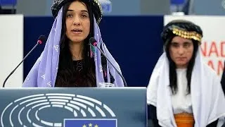 Yazidi Islamic State survivors and activists Nadia Murad and Lamiya Aji Bashar receive Sakharov…