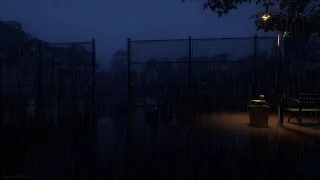 Late Night, Rain Falling In A Foggy Park