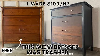 I Flipped this FREE, Trashed Up MCM Dresser in Under 5 Hours I Two-Toned Furniture Flip Makeover