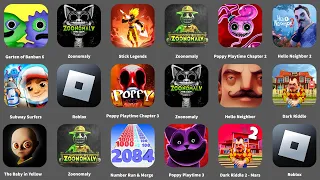 Zoonomaly,Roblox,Poppy Playtime Chapter 3,Dark Riddle 2 - Mars,Hello Neighbor 2,The Baby in Yellow