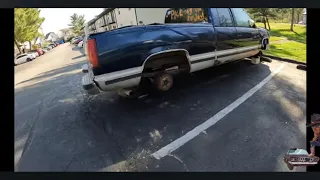 PICKING UP THIS 1996 CHEVY SILVERADO WITH NO WHEELS AND TIRES WITHOUT A ROLLBACK WE BUY JUNK CARS